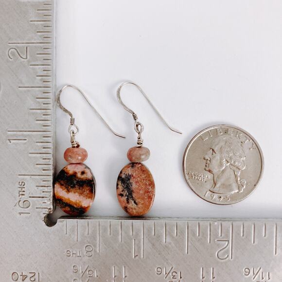 VTG Gemstone Silver Likely Sterling Rhodonite Earrings Boho Dangle Pink Black - Picture 8 of 8